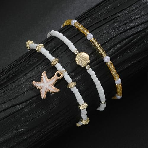 Vivian&CD Boho Shell Anklets Bracelet for Women Waterproof, Gold Layered Seashell Starfish Puka Shell Anklet, Adjustable Colorful Beaded Stack Stretch Bead Bracelet Set, Fashion Beach Foot Jewelry for Hawaii Summer Vacation - style: Starfish3
