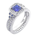 Amazon Essentials Platinum or Gold Plated Sterling Silver Antique Ring set with Asscher-Cut Infinite Elements Cubic Zirconia - color: Created Blue Sapphire/Platinum, size: 7
