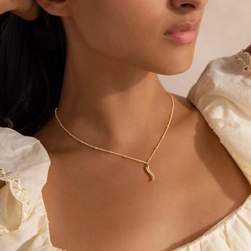 M MOOHAM Gold Necklace for Women Non Tarnish - Dainty 14K Gold Plated Beaded Chain Small Pendant Necklaces Simple Pearl Circle Beads Teardrop Pendant Necklace for Women Trendy Jewelry Gifts - color: Italian Horn Pendant