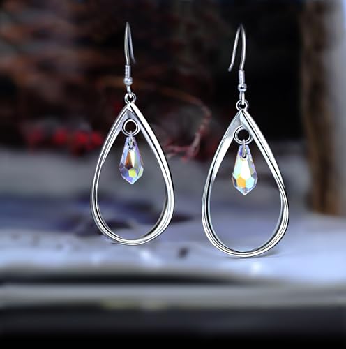 Rhodium Plate 925 Sterling Silver Hook Twist Leaf Holiday Hypoallergenic Dangle Earrings for Women Gifts Engagement Wedding with Austrian Daiamond Cut Waterdrop Crystal Hight Polished Long :1.9 IN - color: AB Color(Waterdrop style)