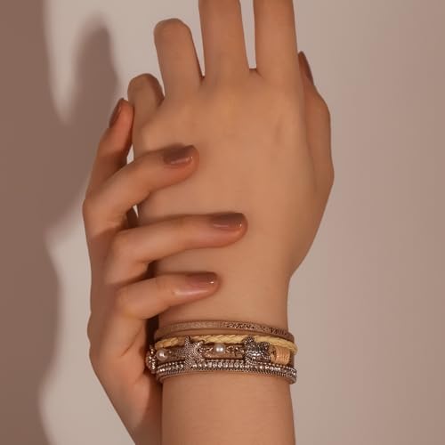 FANCY SHINY Turtle Starfish Leather Wrap Bracelet Boho Rhinestone Pearl Cuff Bracelets for Women Summer Beach Jewelry for Women - color: Gold