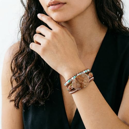 YGLINE Boho Handmade Wrap Leather Tube Crystal Stone Bracelet for Women - color: Agalmatolite