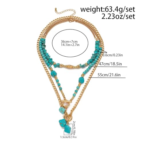 Gold Turquoise Beaded Necklace for Women Layered Bead Necklaces Vintage Turquoises Choker Necklace Boho Turquoises Jewelry Western Handmade Toggle Jewelry - color: 3PCS Turquoise Necklace