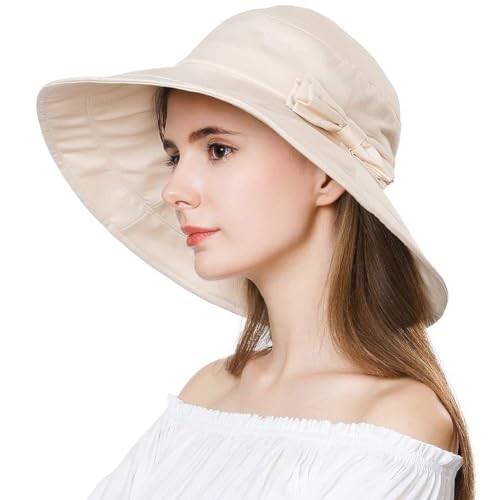 Comhats Packable Summer Cotton Sun Hat Bucket for Women UV Protection Wide Brim Beach Gardening Travel 54-64CM - color: Beige, size: Medium