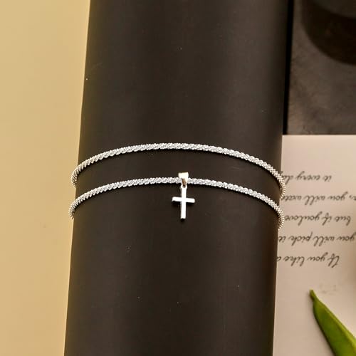 Ankle Bracelets for Women Gold Silver Layered Glitter Anklet for Women Waterproof Beach Cross Anklet Set Dainty Summer Foot Jewelry - color: Silver Cross Layered