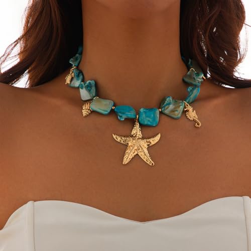 Boho Chunky Shell Necklace for Women Baroque Pearl Pendant Necklaces Irregular Shell Beaded Choker Necklace Trendy Vacation Jewelry Accessories - color: Blue2