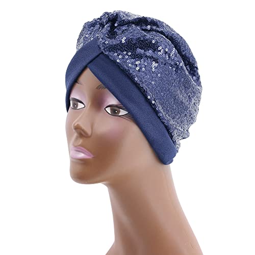 Erinaco Women Sparkle Sequin African Turban Bow Knot Pre-Tied Cap Pleated Ruffle Bonnet Beanie Hat Headwrap Skull Caps - color: Sparkle Navy Blue