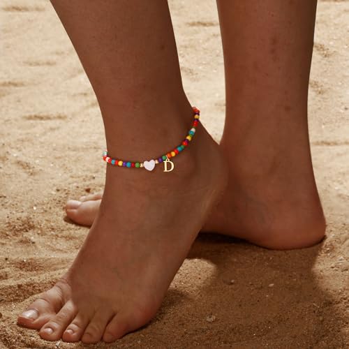 Honsny Ankle Bracelets for Women Initial Anklets Waterproof Boho Beaded Dainty Ankle Bracelets for Teen Letter Heart Handmade Adjustable Foot Chain Anklet Summer Vacation Colorful Jewelry Gift - style: D