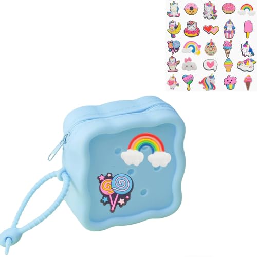 Soft Silicone Zipper Coin Purse Lovely Cartoon Hole Design Miniature Wallet Children's Storage Pouches Organizers For Kid with 25pcs DIY Charms (Blue) - color: Blue