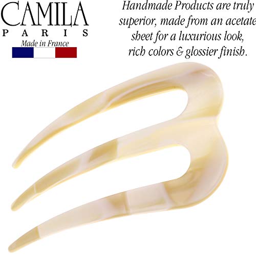 Camila Paris CP2973 French Twist Stick Clip Pins, White, Wavy Hair Pin 3-Prong Hair Fork for Girls Spiral Updo Chignon Bun Holder, Flexible and Styling Hair Accessories for Women, Handmade in France - color: 3-Prong White