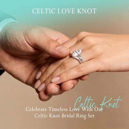 4CT Moissanite Marquise Engagement Ring Set for Women, Heart Shaped Celtic Knot D Color VVSI S925 Sterling Silver Promise Wedding Band, Bridal Festival Gift with Certificate & Box