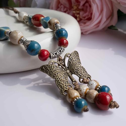 Boho Colorful Ceramic Bead Necklace for Women, Butterfly Pendant Necklace, Handmade Bohemian Statement Jewelry Gifts for Mom - color: Red and Blue
