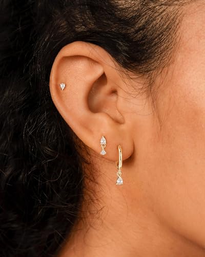 3 Pairs Small Earring Stacks, 14K Gold/Silver/Black/Rose Gold Plated Pearl Heart Butterfly Star Diamond Charm Drop Huggie Earrings Trendy Jewelry Gift for Women - color: Gold-Teardrop