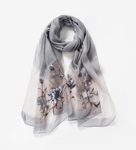 Jeelow Silk Blend Floral Fashion Scarf Shawl Wrap Lightweight Sheer For Women Floral Embroidery Wedding Party Prom - color: Grey 1