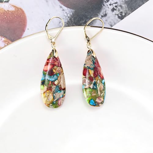 XGALBLA Boho Long Teardrop Stone Dangle Drop Earrings for Women Natural Healing Stone Leverback Earrings Statement Gold Tone - color: Colorful- Golden Leverback