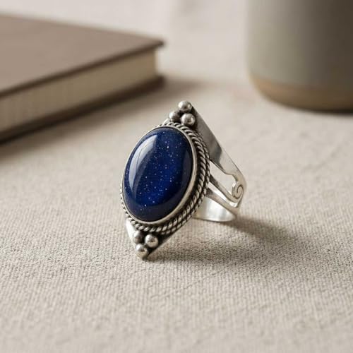 Handmade 925 Sterling Silver Plated Ring Natural Gemstone Carnelian, Rose Quartz, Tiger Eye, Crystal Oval Boho Jewelry For Women - color: Blue Sunstone