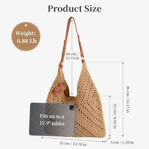 Crochet Beach Tote Bag for Women 2026 Woven Shoulder Bag Summer Handmade Boho Purse Crochet Handbags - color: Khaki