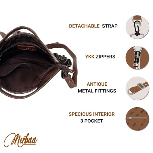 Merbaa Women Natural Cowhide Leather Crossbody Sling Bag With Adjustable Detachable Strap | Shoulder Bag | Handbag - color: Brown 1
