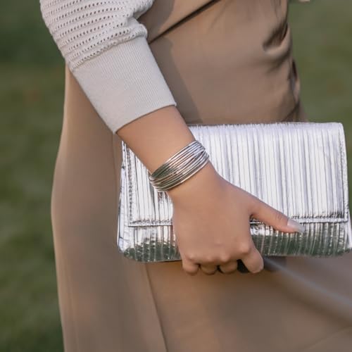 FANCY SHINY Boho Leather Bangle Bracelets Stackable Noodle Tube Bracelets Layered Wrap Cuff Bracelets with Magnetic Clasp - color: Silver