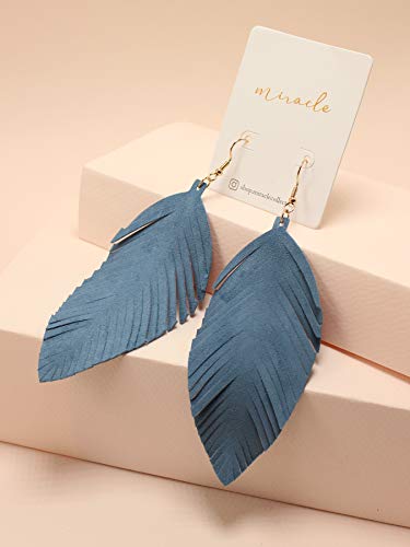 Large Genuine Soft Leather Handmade Fringe Feather Lightweight Tear Drop Dangle Color Earrings for Women Girls Fashion - color: DENIM