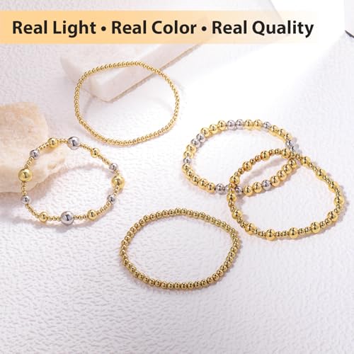 Gold Beaded Bracelets for Women: 14K Gold Bracelets for Women Trendy Dainty Gold Ball Bracelet Stack for Womens - Boho Stretch Bracelets Jewelry Sets with Cross Fashion Accessories Gifts for Women - style: Silver Bead