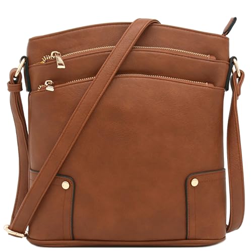 ALYSSA Triple Zip Pocket Large Crossbody Bag - color: Brown