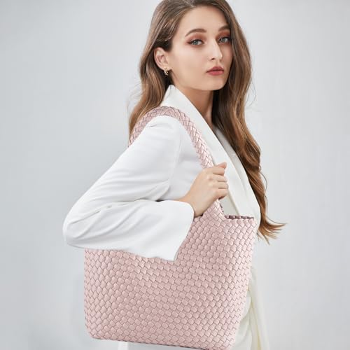Hand Woven Bag Tote BagS For Women Top Handle Shoulder Vegan Leather Large Travel Beach Hobo Handbag - color: Pink