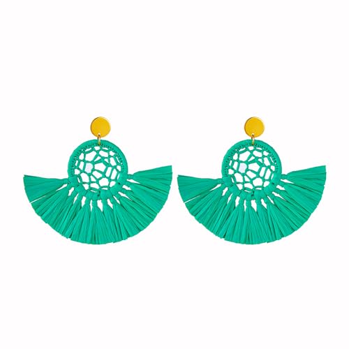 Boho Raffia Summer Beach Earrings for Women, Large Statement Dangle Drop, Lightweight Handmade Woven Fan Tassel Jewelry - color: Green