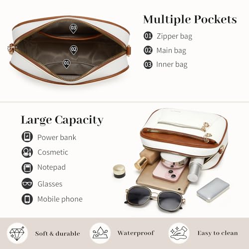 Crossbody Purse for Women Small Crossbody Bags Trendy Vegan Leather with Adjustable Shoulder Straps Gift for Mother Wife Mom - color: Beige With Brown Minimalism