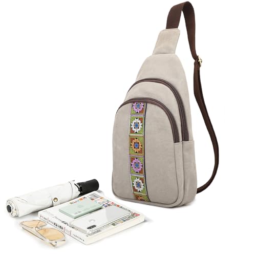 SILKAREA Canvas Sling Bag for Wome Crossbody Purse Small Sling Backpack Purse Travel Hiking Chest Bag Daypack - color: Light Grey