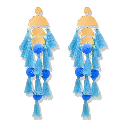 Long Tassel Earrings for Women Colorful Fringe Drop Dangle Earrings Bohemian Hawaiian Summer Beach Jewelry for Womens Vacation Outfits - color: Sky Blue