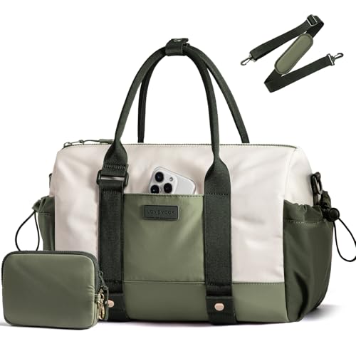 LOVEVOOK Small Gym Bag for Women with Yoga mat Holder, Mini Duffle Bag for Travel with Wet Pocket, Overnight Personal Item Bags, Lightweight Carry on Weekender Duffel for Workout, Dance, Ballet - color: White-Green, size: 14.5 inch-Small-2Pcs