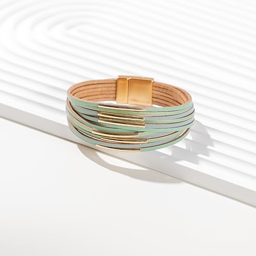 FANCY SHINY Boho Leather Bangle Bracelets Stackable Noodle Tube Bracelets Layered Wrap Cuff Bracelets with Magnetic Clasp - color: Mint