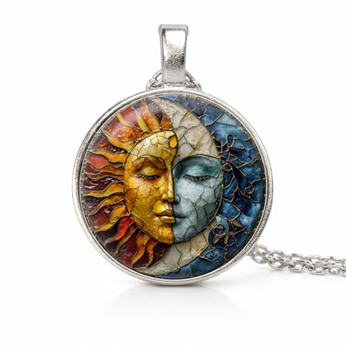 1pc Stunning Round Pendant Necklace - Unique Sun & Moon Pattern, Oil Painting Style Glass Mosaic, Alloy Construction, Trendy Sweater Chain, Fashionable Gift for Women - Christmas or Birthday Gift - color: Silver Chain