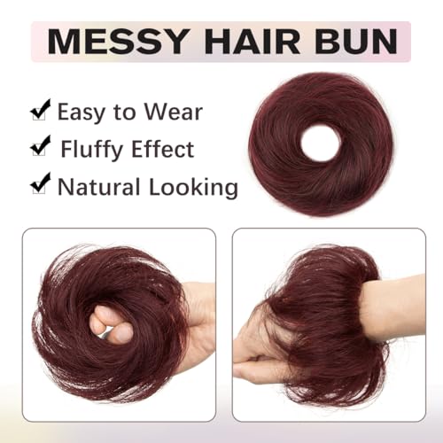Burgundy Hair Bun, Messy Bun Hair Piece, Soft Fluffy Elastic Scrunchie, 30s Easy Updo for Women & Kids, Ideal for Daily Wear, Ballet, Dance & Office Use - color: Burgundy, size: 4 Inch