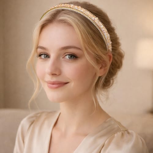 Crystal Rhinestone Headbands for Women Girls, Fashion Sparkly Beaded Hair Hoop Fancy Dressy Headbands Hair Accessories Bling Padded Hairs Bands for Women Girls(Champagne)