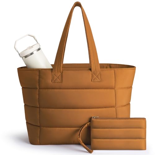 Puffer Tote Bag with Pouch, Women's Lightweight Quilted Shoulder Bag, 15.6"/17.3 Laptop Travel Weekender for Work & Nurses - color: Brown, size: Large