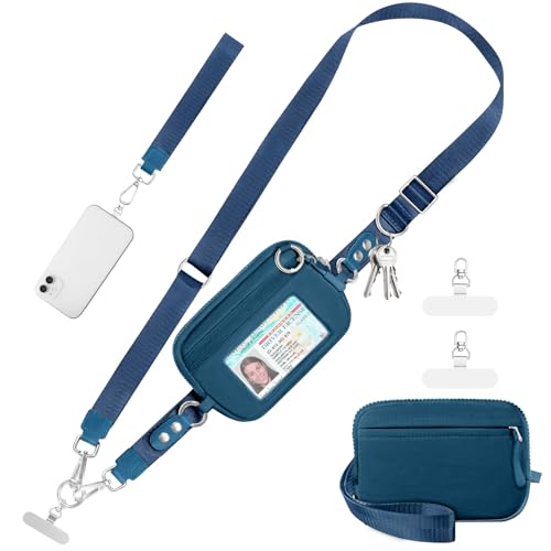 Tiostep Clip and Go Strap with Wallet Crossbody Phone Lanyard Adjustable and Detachable RFID Wristlet Wallet with ID Window and Zipper, Blue - color: Peacock Blue, size: Medium