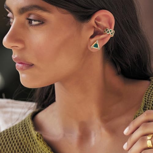 MTMY Gold Ear Cuff Earring for Women 14K Gold Plated Cubic Zirconia Non-Pierced Clip on Cartilage Chunky Ear Cuffs Hypoallergenic Jewelry - style: green cz / pair