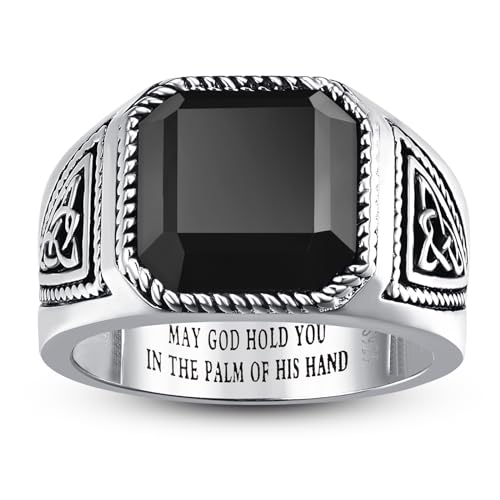 7ct Vintage Teal Turquoise|Emerald|Black Onyx Ring for Men 925 Sterling Silver Men Rings 11mm Square-Cut Mens Cocktail Rings Celtic Pattern Band for Dad Father Size 7-12 - color: Irish Celtic Knot-Simulated Onyx