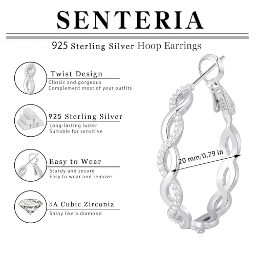 Senteria 925 Sterling Silver Post Hoops Earrings for Women Lightweight Twisted Hoop Earrings With Cubic Zirconia Hypoallergenic Silver Hoops Earrings (20/30/40/50/60MM) - color: silver-20/60mm