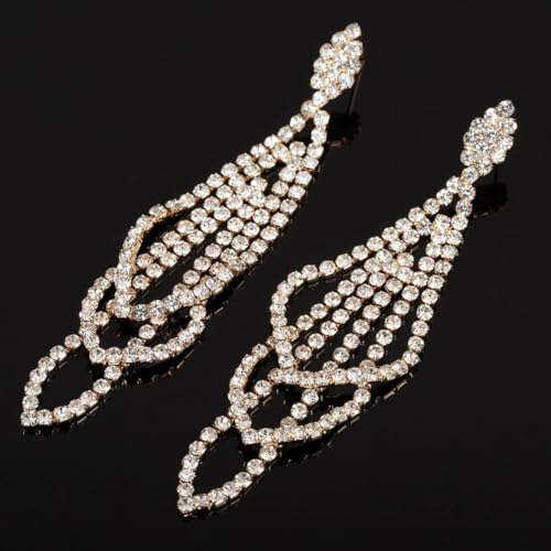 Sparkly Silver Crystal Dangly Earrings for Women Trendy, Statement Cubic Zirconia Drop Dangle Earring Long Rhinestone Tassel Party Prom Ear Jewelry Gift - color: Gold