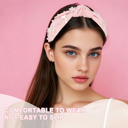 Pink Headband Bow Pearl Knotted Headbands for Women Girls Cute Fashion Wide Headbands for Women Non Slip Hairbands Head Bands for Women's Hair Bow Hair Accessories - color: Pink-02