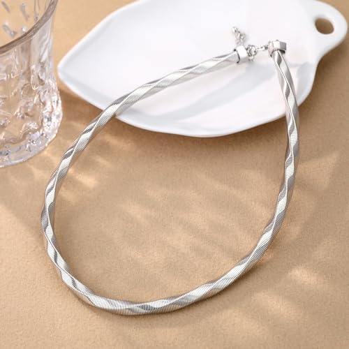 Chunky Gold Collar Choker Statement Necklace for Women Trendy | Gold Plated Layered Twist Flat Thick Snake Herringbone Chain African Torque Necklace Prom Boho Necklaces Party Jewelry Gift - style: Twist Link Chain/Silver