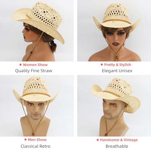 Straw Cowboy Hat for Women and Men with Shapeable Wide Brim Sun Beach Western Cowgirl Hat - color: Beige