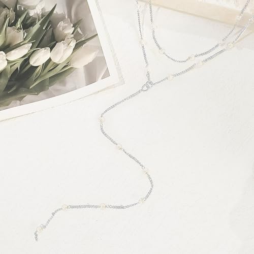 HERIER Lariat Gold Necklace for Women, Dainty Long Necklace 14k Gold Plated/Silver Y-Shaped Layered Beaded Chain Drop Necklaces for Women Trendy Simple Gold Jewelry for Women Gifts - color: Y Layered Pearl Jewelry-Silver