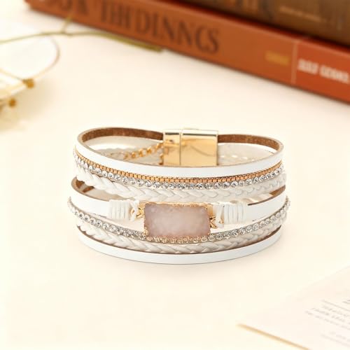 Long tiantian Leather Wrap Bracelets Boho Bracelets for Women Rhinestone Leather Bangles Boho Western Outfit Accessories Jewelry Gifts - color: white