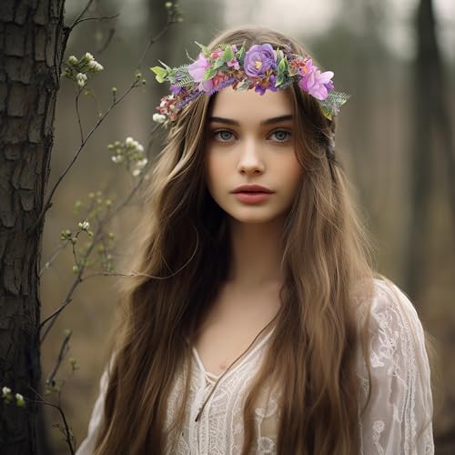 Vivivalue Fairy Floral Crown Woodland Headband Flower Headpiece Hair Wreath Forest Elven Circlet for Women Halloween Renaissance Wedding Bridal Cosplay Prom Photo Props Purple - color: 3