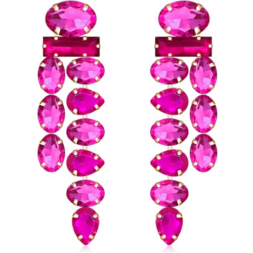 Boho Large Sparkly Rhinestones Teardrop Drop Dangle Earrings Long Tassel Full Crystals Chain Earrings for Women Wedding - style: Rose Red