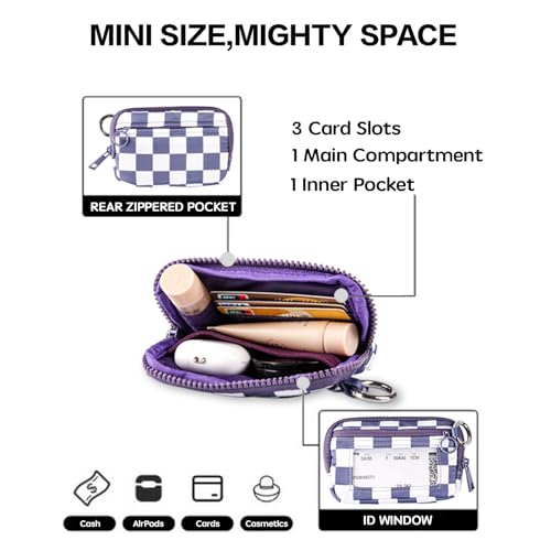 Wristlet Wallet for Women Mini Zip Card Case with Clear ID Window Zipper Coin Purse Lightweight Portable Keychain Wallet - color: Dark Purple